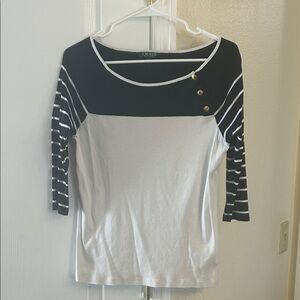 Ralph Lauren Black and White Button Accent Long Sleeve Top